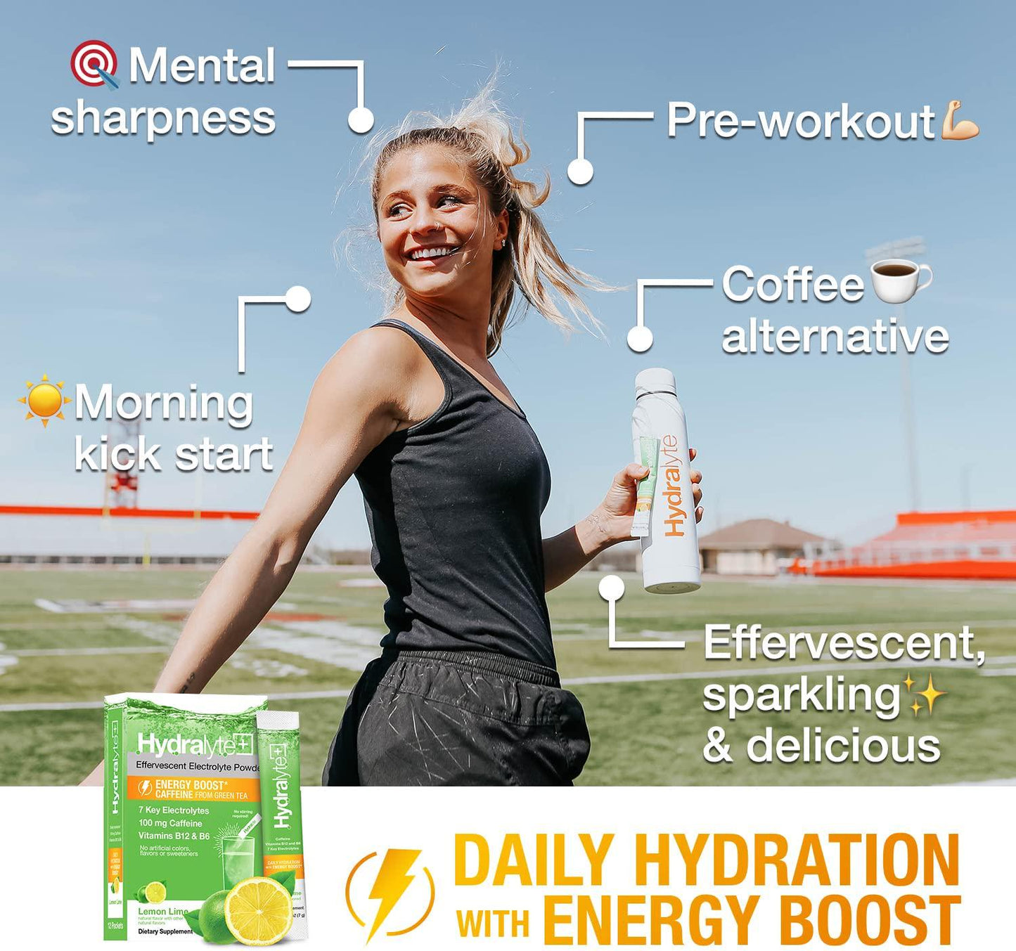 Hydralyte Energy Powder- Lemon Lime Electrolyte Powder Packets | Natural Caffeine Powder with Green Tea Extract | Energy Drink Powder for Sports Performance and Recovery - (8oz Serving, 12 Count)