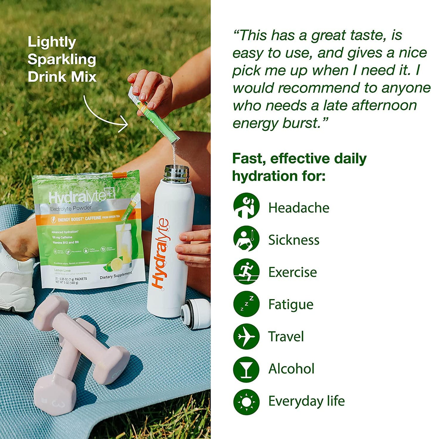 Hydralyte Energy Powder- Lemon Lime Electrolyte Powder Packets | Natural Caffeine Powder with Green Tea Extract | Energy Drink Powder for Sports Performance and Recovery - (8oz Serving, 12 Count)