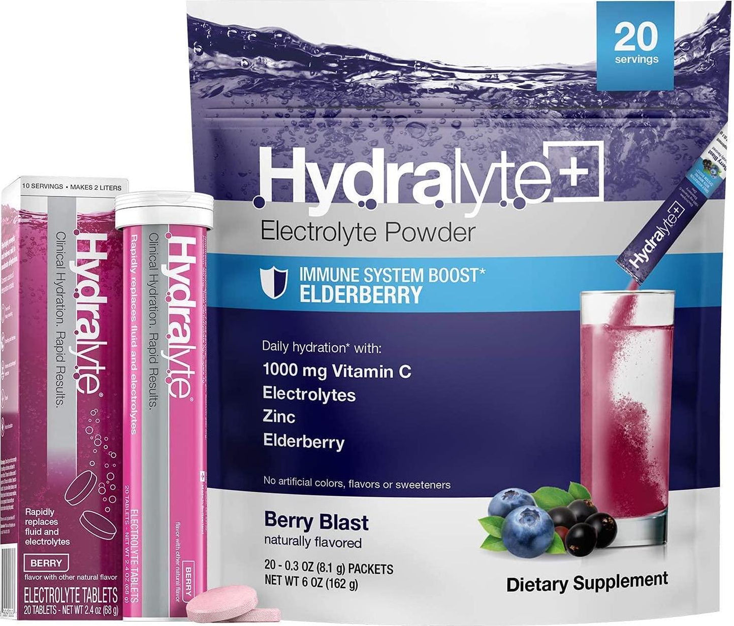 Hydralyte Immunity Boost (20 Count) and Electrolyte Berry Tablets (20 Count) Bundle | Immune Boost with 1,000mg of Vitamin C, Elderberry and Zinc | Effervescent Electrolyte Tablets (20 Count), Berry