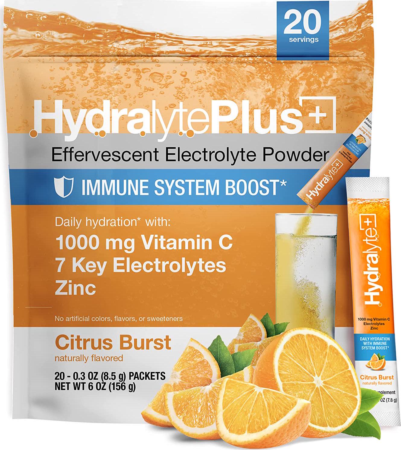 Hydralyte Immunity - Citrus Electrolyte Powder Packets | 1,000mg Vitamin C Hydration Packets for Immune Support | All Natural Hydration Powder with Zinc and Electrolytes | (8oz Serving, 20 Count)