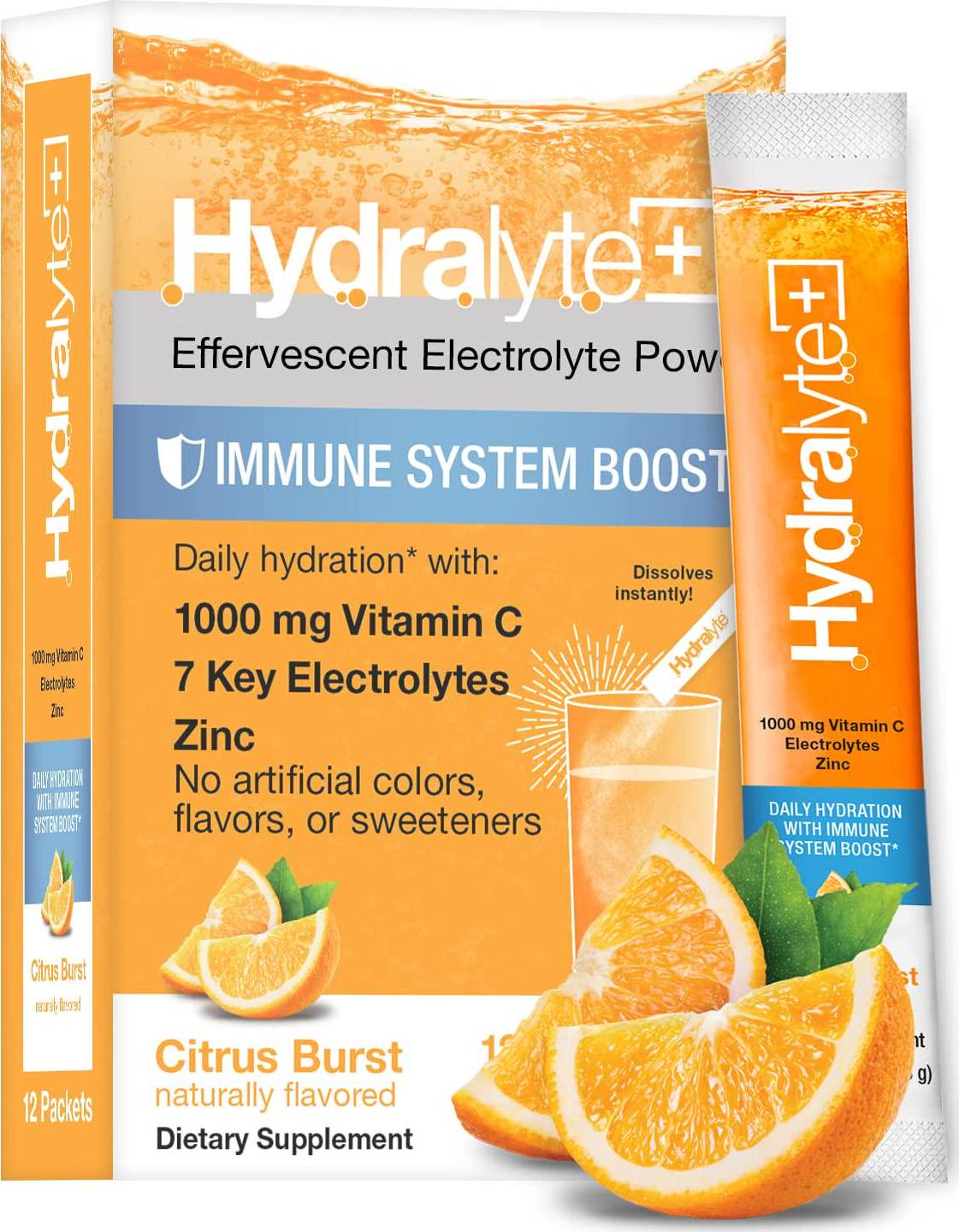 Hydralyte Immunity - Citrus Electrolyte Powder Packets | 1,000mg Vitamin C Hydration Packets for Immune Support | All Natural Hydration Powder with Zinc and Electrolytes | (8oz Serving, 12 Count)