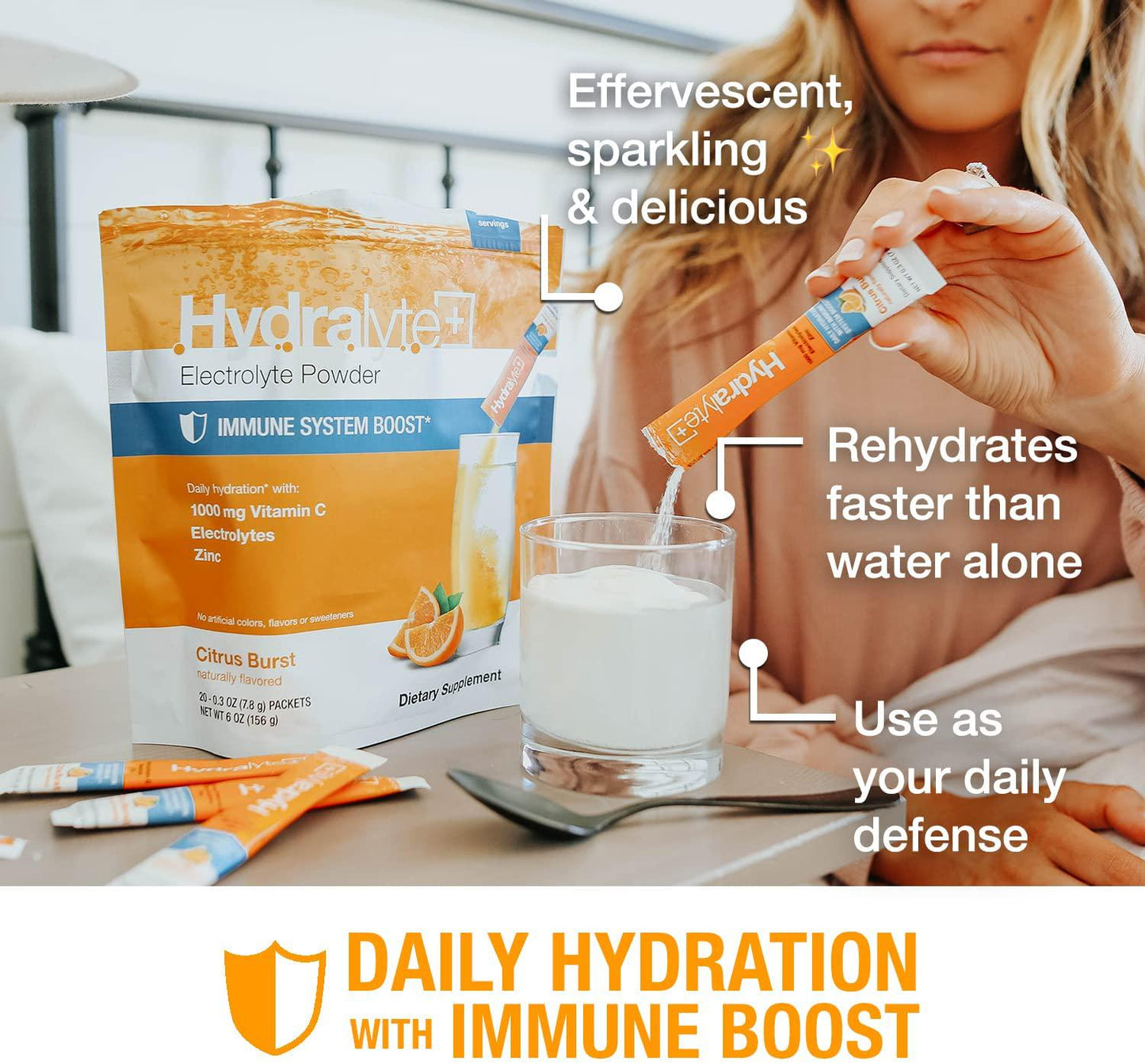 Hydralyte Immunity - Citrus Electrolyte Powder Packets | 1,000mg Vitamin C Hydration Packets for Immune Support | All Natural Hydration Powder with Zinc and Electrolytes | (8oz Serving, 20 Count)