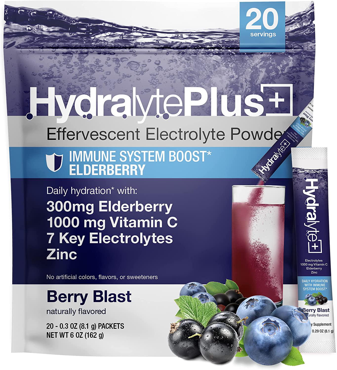 Hydralyte Immunity - Electrolyte Powder Packets | Elderberry and Vitamin C Hydration Packets for Immune Support | All Natural Hydration Powder with Zinc and Electrolytes | (8oz Serving, 20 Count)