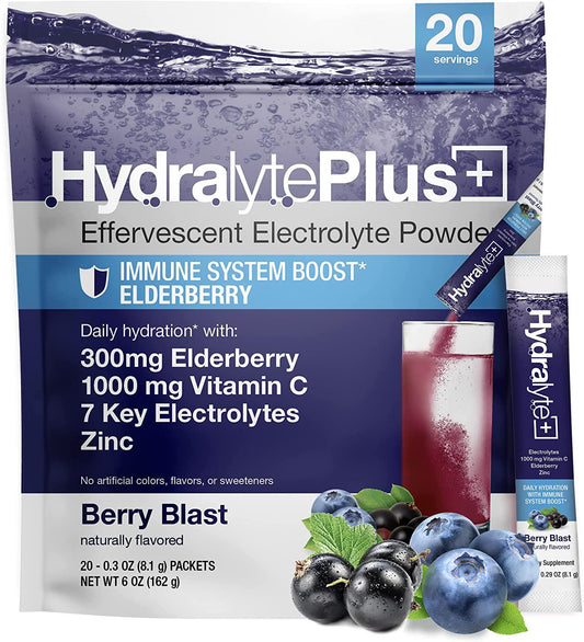 Hydralyte Immunity - Electrolyte Powder Packets | Elderberry and Vitamin C Hydration Packets for Immune Support | All Natural Hydration Powder with Zinc and Electrolytes | (8oz Serving, 20 Count)