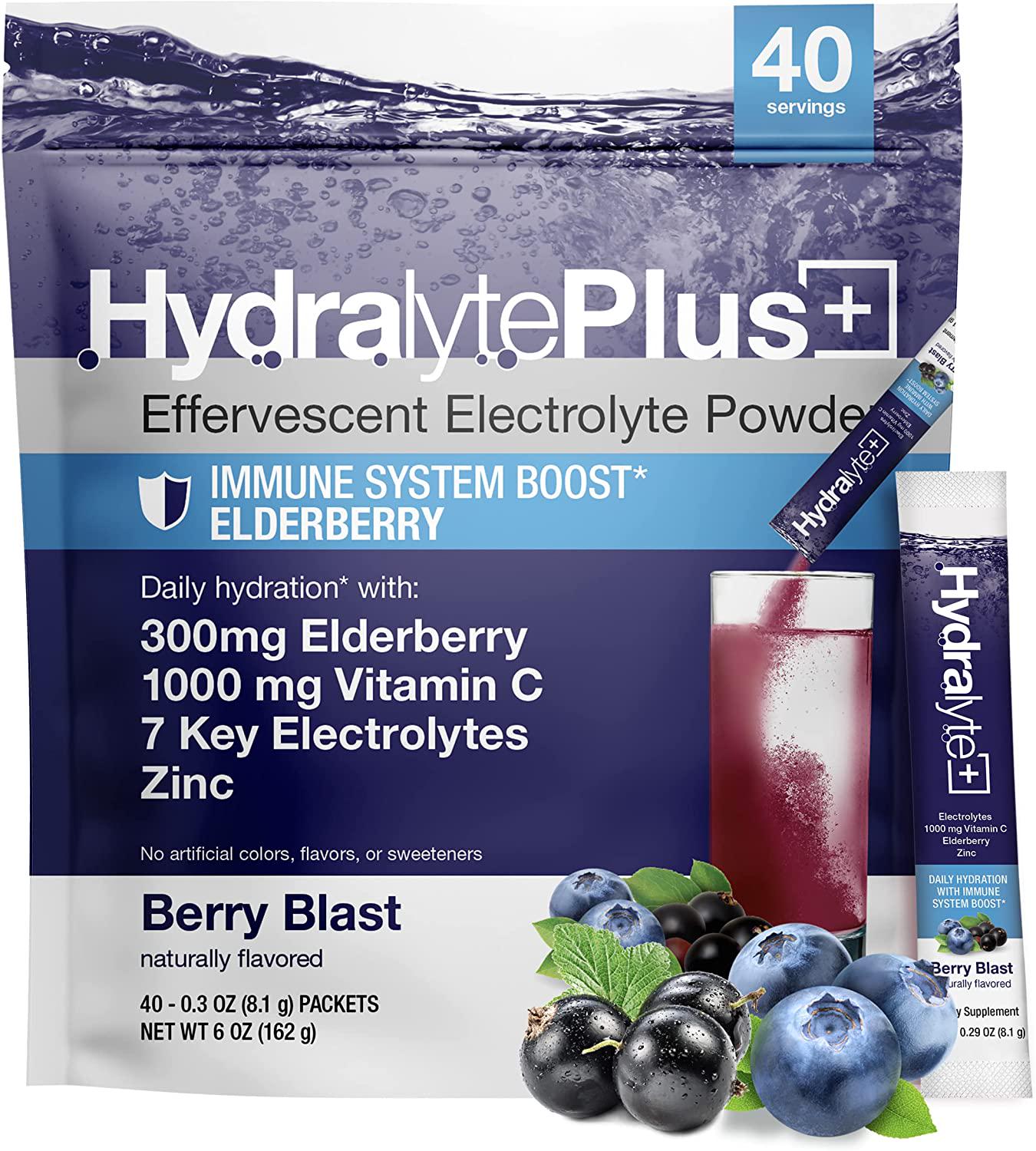 Hydralyte Immunity - Electrolyte Powder Packets | Elderberry and Vitamin C Hydration Packets for Immune Support | All Natural Hydration Powder with Zinc and Electrolytes | (8oz Serving, 40 Count)
