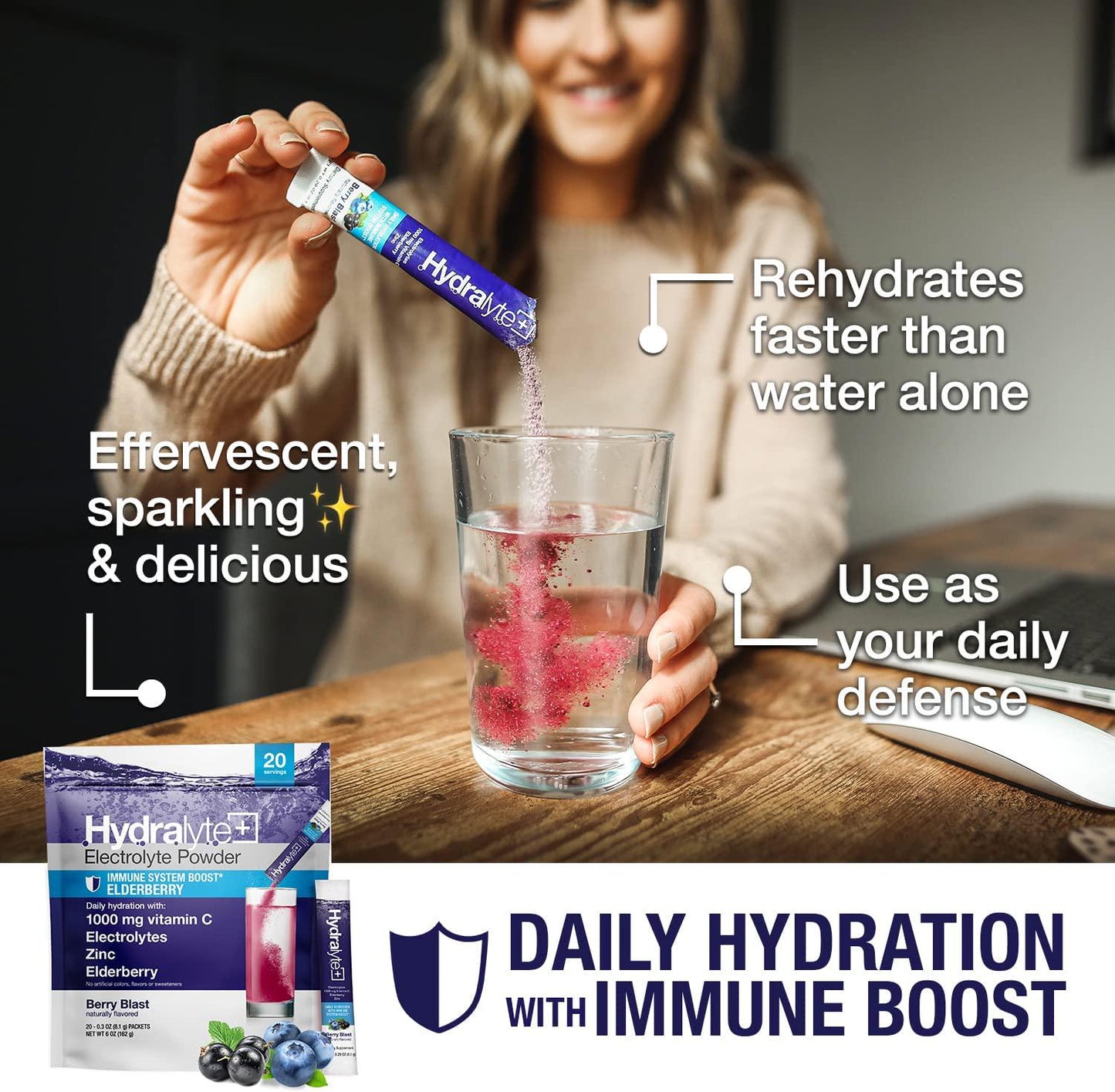 Hydralyte Immunity - Electrolyte Powder Packets | Elderberry and Vitamin C Hydration Packets for Immune Support | All Natural Hydration Powder with Zinc and Electrolytes | (8oz Serving, 20 Count)