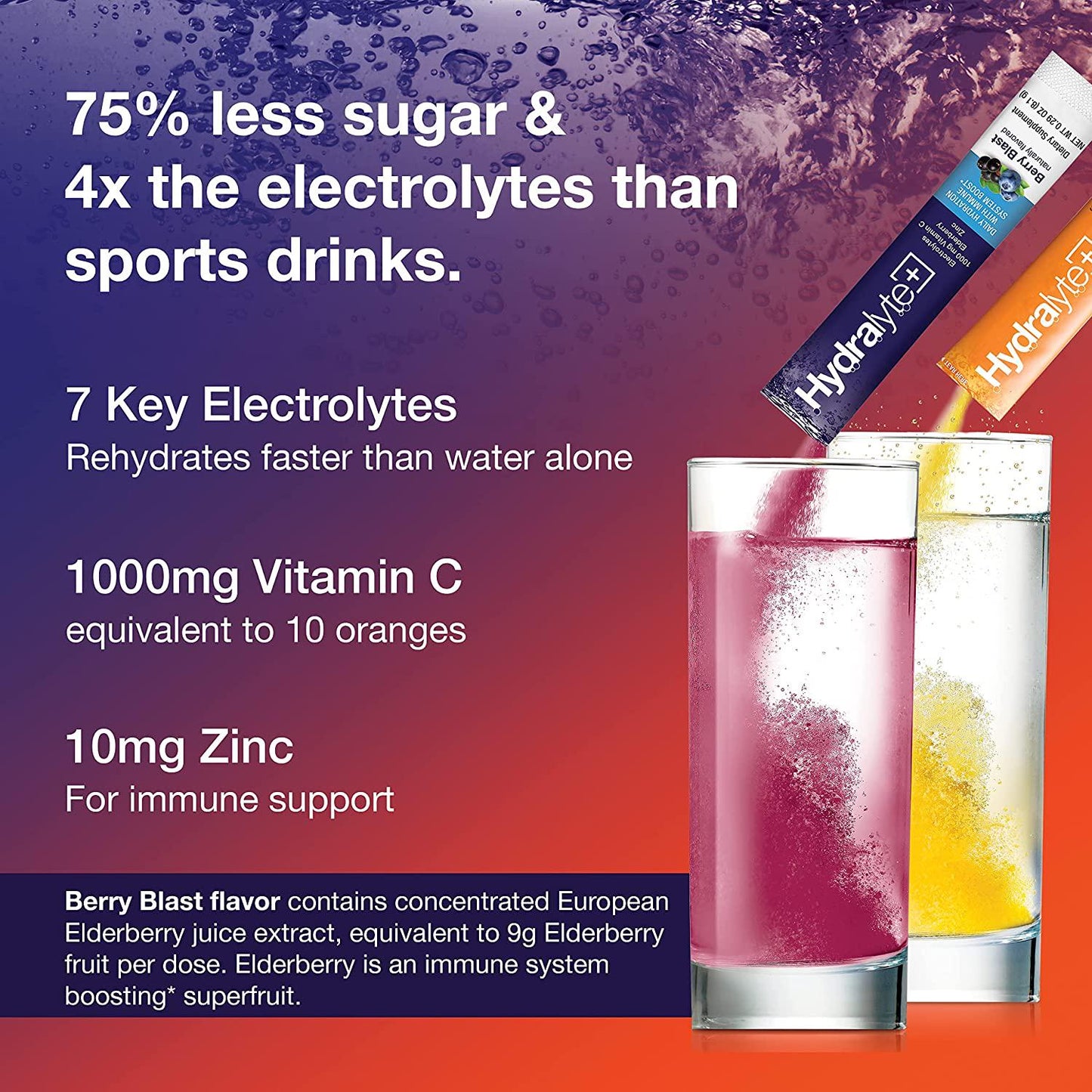 Hydralyte Immunity - Electrolyte Powder Packets | Variety Hydration Packets for Immune Supoport with Elderberry and Vitamin C | Hydration Powder with Zinc and Electrolytes | (8oz Serving, 20 Count)