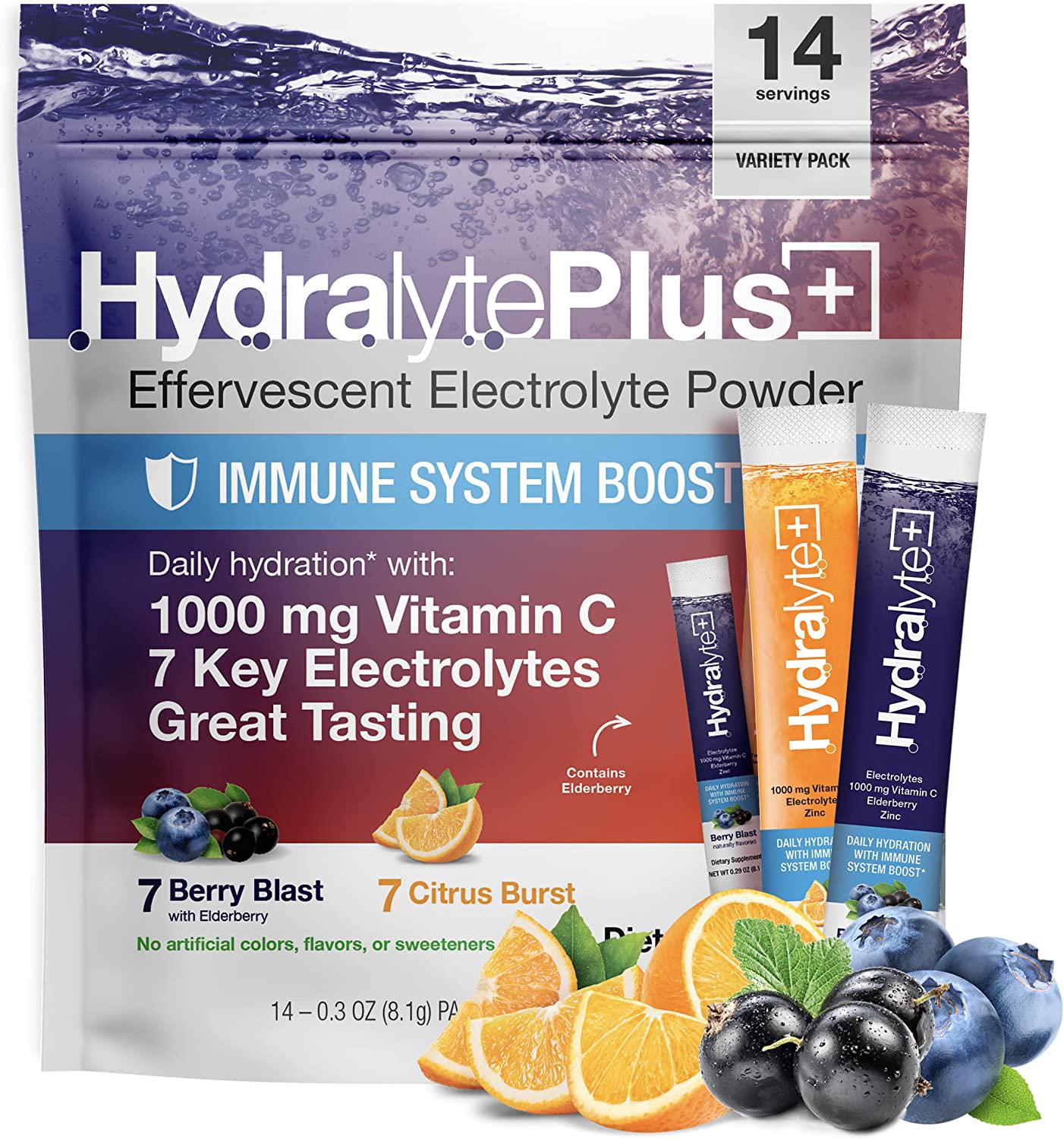 Hydralyte Immunity - Electrolyte Powder Packets | Variety Hydration Packets for Immune Supoport with Elderberry and Vitamin C | Hydration Powder with Zinc and Electrolytes | (8oz Serving, 20 Count)