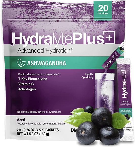 Hydralyte Stress Relief - Acai Electrolyte Powder Packets for Rapid Rehydration and Stress Relief | Ashwagandha Hydration Packets for Daily Hydration - 250mg of Ashwagandha Powder (8oz, 20 Count)