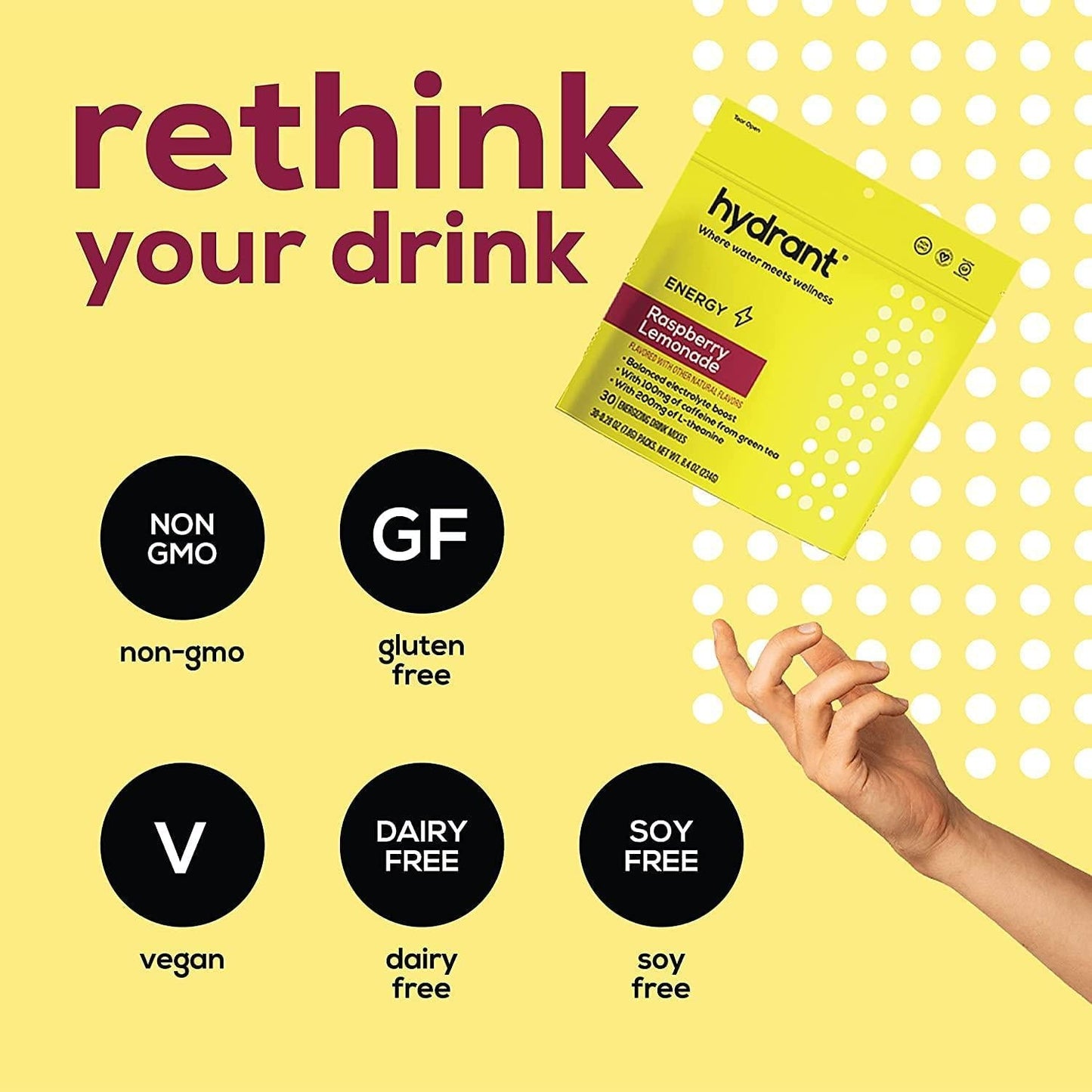 Hydrant Energy 30 Stick Pack, Caffeine and L-Theanine Rapid Hydration Mix, Electrolyte Hydration Powder Packets with Zinc (Raspberry Lemonade, 10 Count (Pack of 1))