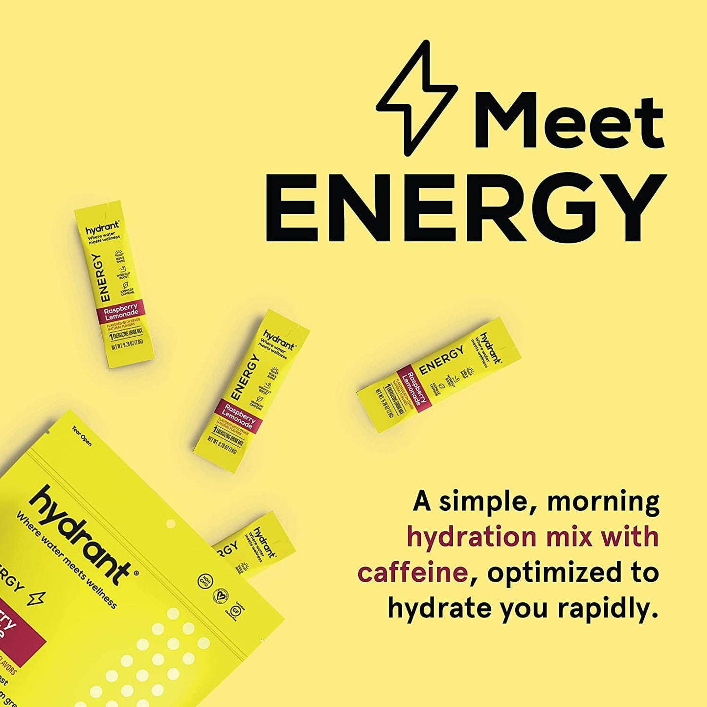Hydrant Energy 30 Stick Pack, Caffeine and L-Theanine Rapid Hydration Mix, Electrolyte Hydration Powder Packets with Zinc (Raspberry Lemonade, 30 Count (Pack of 1))