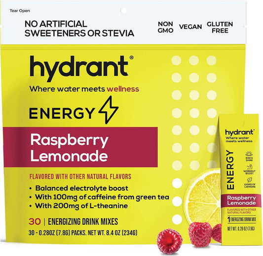 Hydrant Energy 30 Stick Pack, Caffeine and L-Theanine Rapid Hydration Mix, Electrolyte Hydration Powder Packets with Zinc (Raspberry Lemonade, 30 Count (Pack of 1))