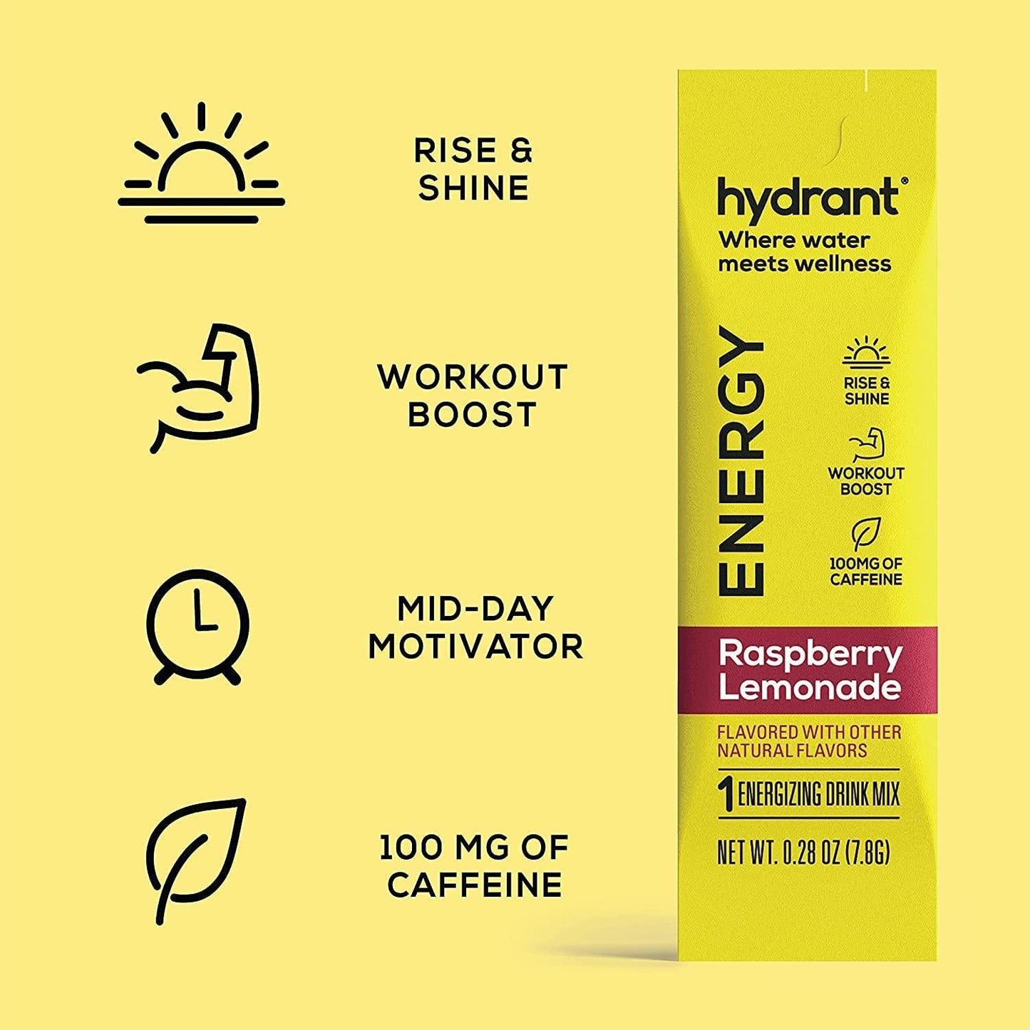 Hydrant Energy 30 Stick Pack, Caffeine and L-Theanine Rapid Hydration Mix, Electrolyte Hydration Powder Packets with Zinc (Raspberry Lemonade, 10 Count (Pack of 1))