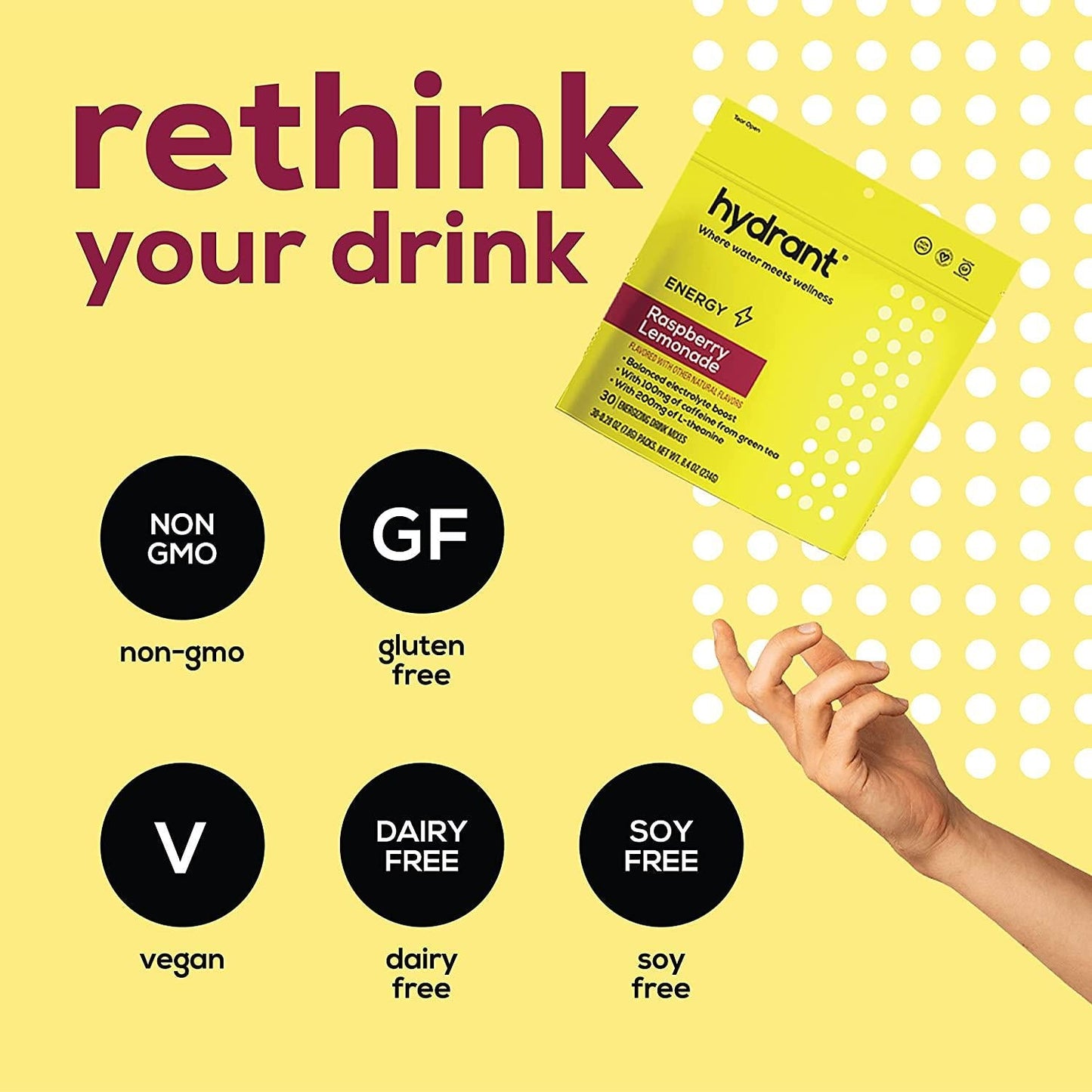 Hydrant Energy 30 Stick Pack, Caffeine and L-Theanine Rapid Hydration Mix, Electrolyte Hydration Powder Packets with Zinc (Raspberry Lemonade, 30 Count (Pack of 1))