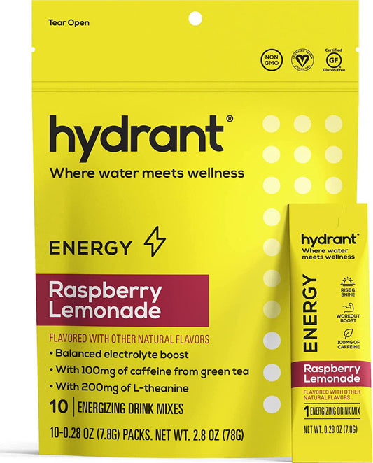 Hydrant Energy 30 Stick Pack, Caffeine and L-Theanine Rapid Hydration Mix, Electrolyte Hydration Powder Packets with Zinc (Raspberry Lemonade, 10 Count (Pack of 1))