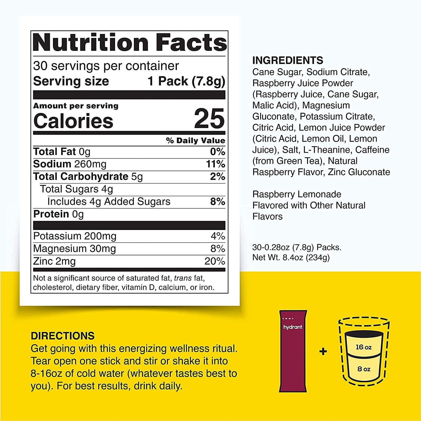 Hydrant Energy 30 Stick Pack, Caffeine and L-Theanine Rapid Hydration Mix, Electrolyte Hydration Powder Packets with Zinc (Raspberry Lemonade, 30 Count (Pack of 1))