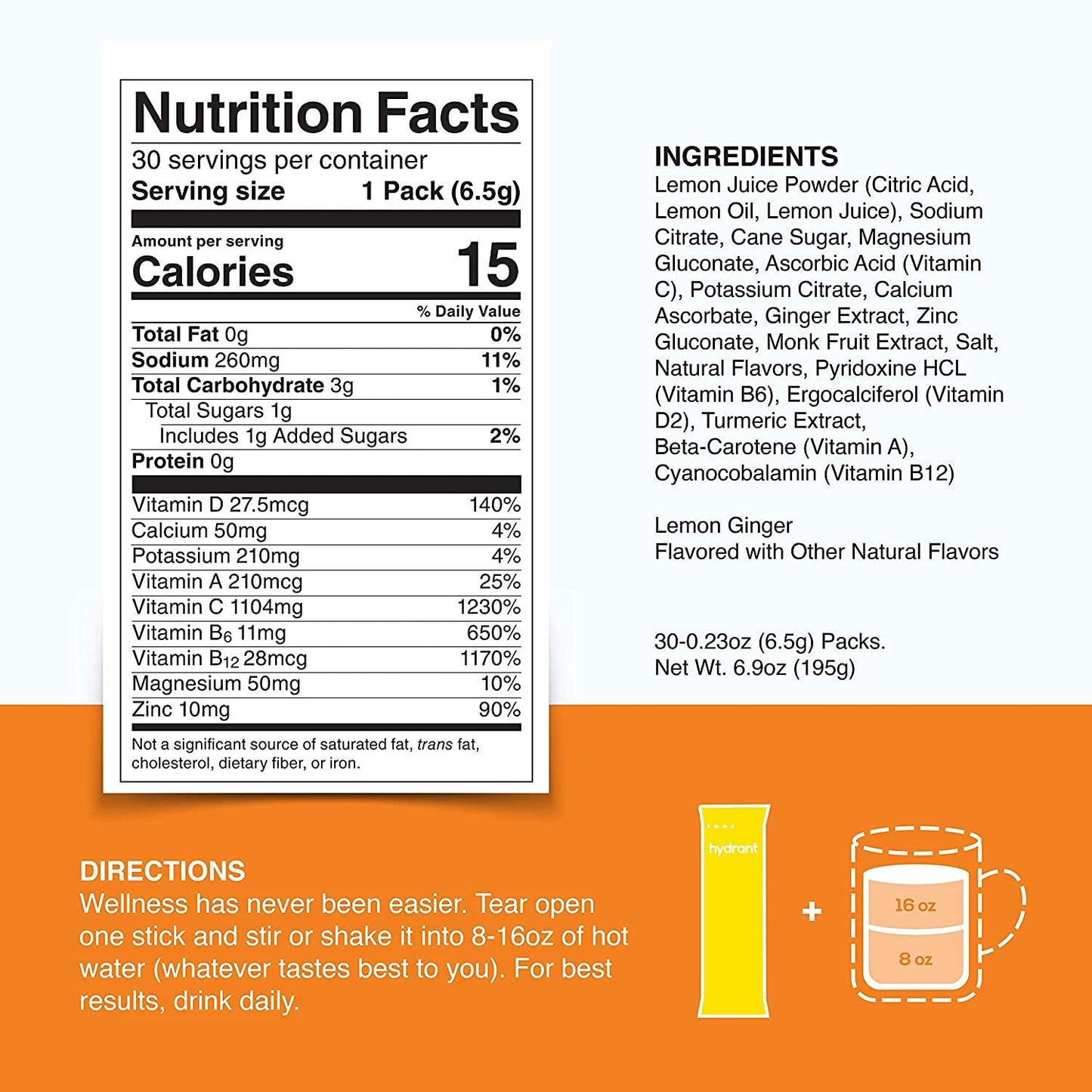 Hydrant Immunity Vitamins Electrolyte Powder - Supplement with Vitamin C, B12, B6, Zinc - Immune, Hydration, and Energy Support Hydration Powder Stick Packets (Lemon Ginger, 30 Count)