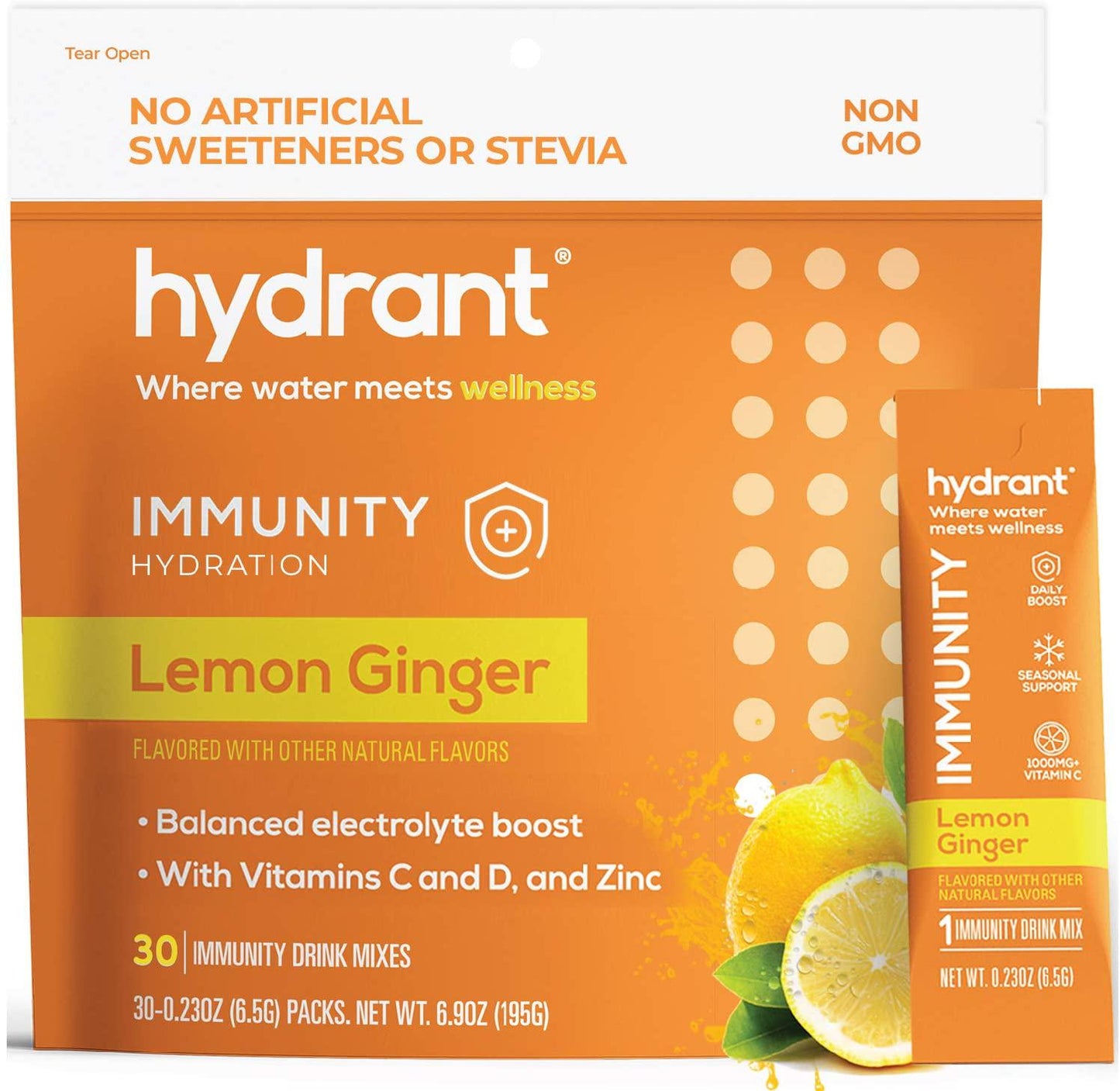 Hydrant Immunity Vitamins Electrolyte Powder - Supplement with Vitamin C, B12, B6, Zinc - Immune, Hydration, and Energy Support Hydration Powder Stick Packets (Lemon Ginger, 30 Count)