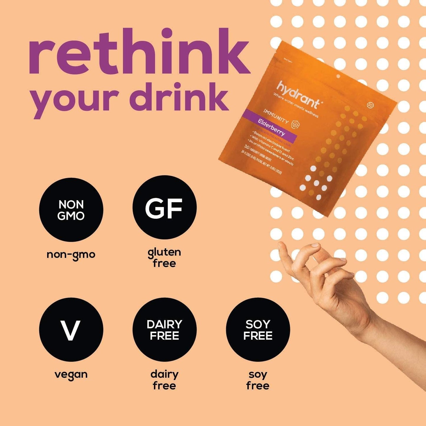 Hydrant Immunity Vitamins Electrolyte Powder - Supplement with Vitamin C, B12, B6, Zinc - Immune, Hydration, and Energy Support Hydration Powder Stick Packets (Elderberry, 30 Count)