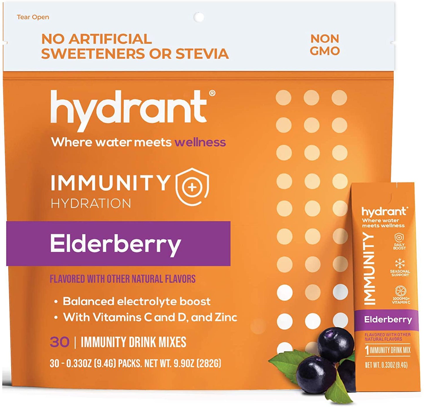 Hydrant Immunity Vitamins Electrolyte Powder - Supplement with Vitamin C, B12, B6, Zinc - Immune, Hydration, and Energy Support Hydration Powder Stick Packets (Elderberry, 30 Count)