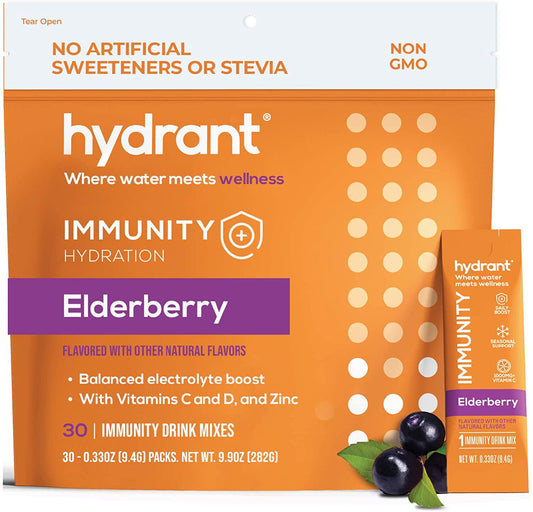 Hydrant Immunity Vitamins Electrolyte Powder - Supplement with Vitamin C, B12, B6, Zinc - Immune, Hydration, and Energy Support Hydration Powder Stick Packets (Elderberry, 30 Count)