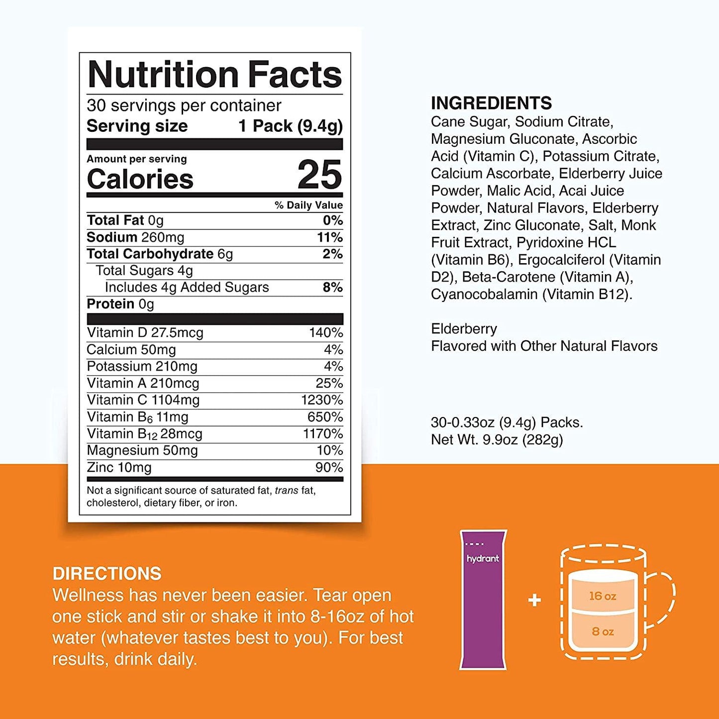 Hydrant Immunity Vitamins Electrolyte Powder - Supplement with Vitamin C, B12, B6, Zinc - Immune, Hydration, and Energy Support Hydration Powder Stick Packets (Elderberry, 30 Count)