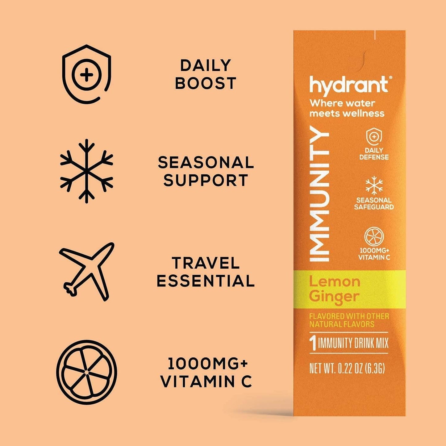 Hydrant Immunity Vitamins Electrolyte Powder - Supplement with Vitamin C, B12, B6, Zinc - Immune, Hydration, and Energy Support Hydration Powder Stick Packets (Lemon Ginger, 30 Count)