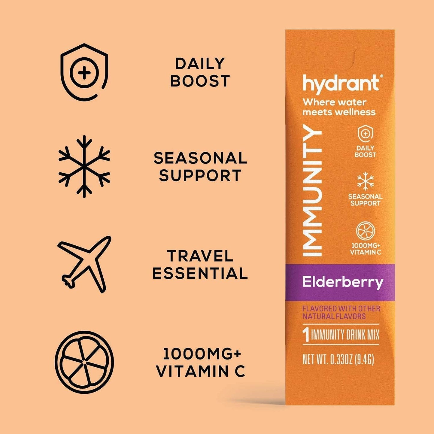 Hydrant Immunity Vitamins Electrolyte Powder - Supplement with Vitamin C, B12, B6, Zinc - Immune, Hydration, and Energy Support Hydration Powder Stick Packets (Elderberry, 30 Count)