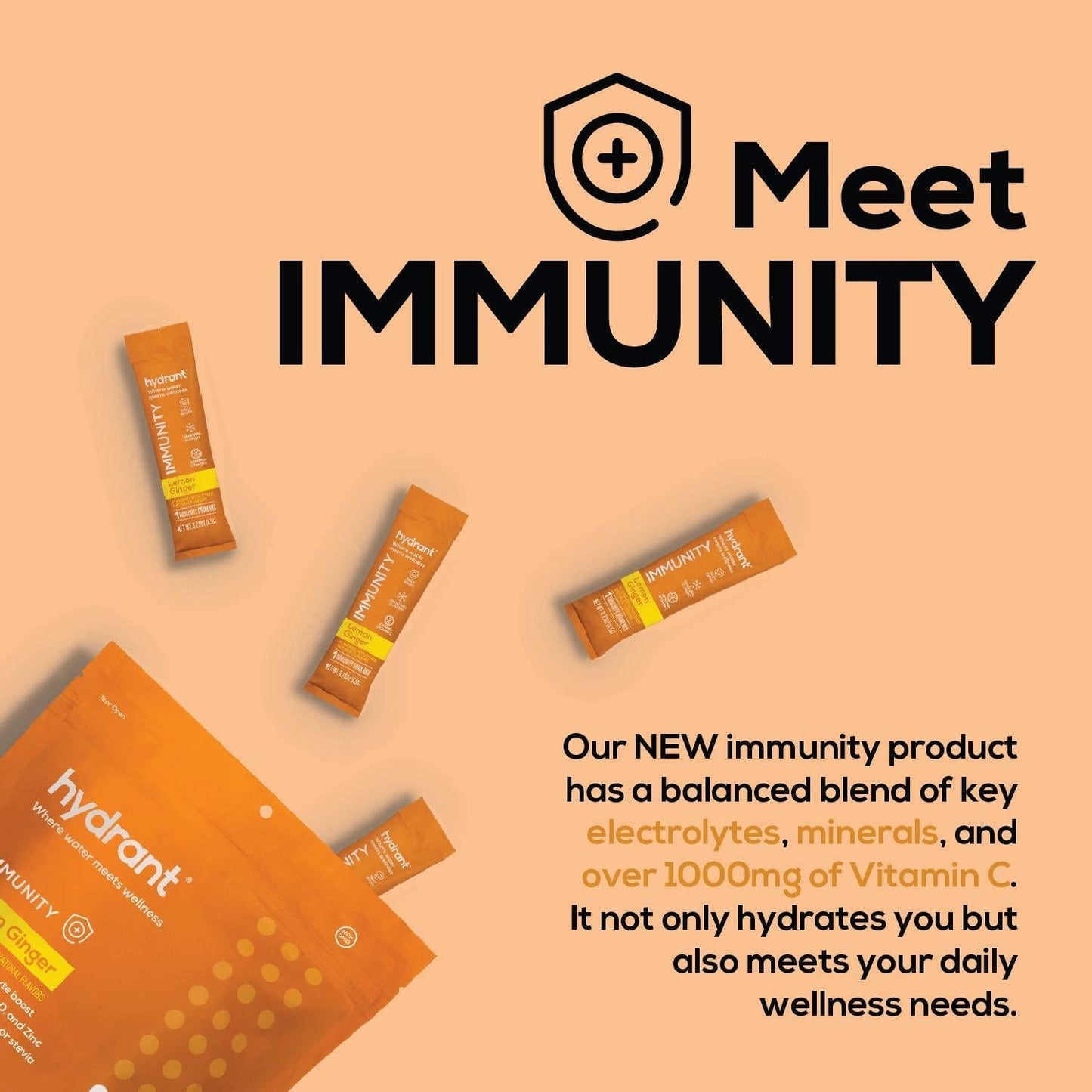 Hydrant Immunity Vitamins Electrolyte Powder - Supplement with Vitamin C, B12, B6, Zinc - Immune, Hydration, and Energy Support Hydration Powder Stick Packets (Lemon Ginger, 30 Count)