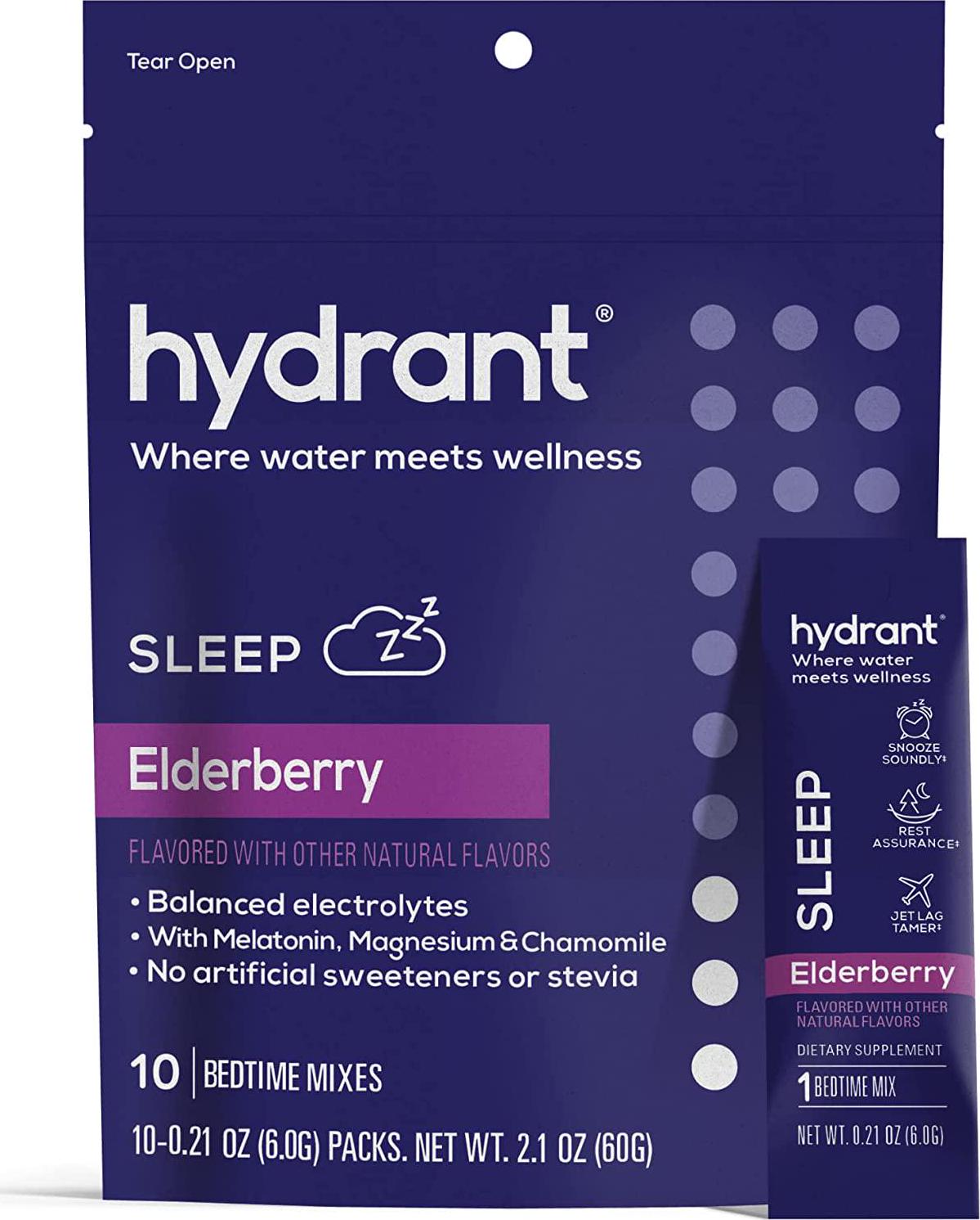 Hydrant Sleep Hydration Powder Rest and Recovery Drink Mix Fast-Acting Blend of Melatonin, L-Theanine, GABA, Magnesium and Chamomile Electrolyte Powder (Elderberry, 10 Pack)