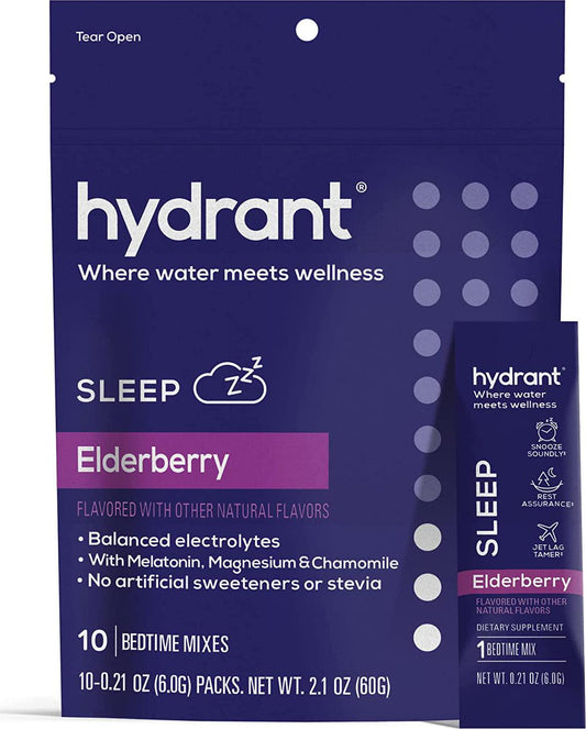 Hydrant Sleep Hydration Powder Rest and Recovery Drink Mix Fast-Acting Blend of Melatonin, L-Theanine, GABA, Magnesium and Chamomile Electrolyte Powder (Elderberry, 10 Pack)