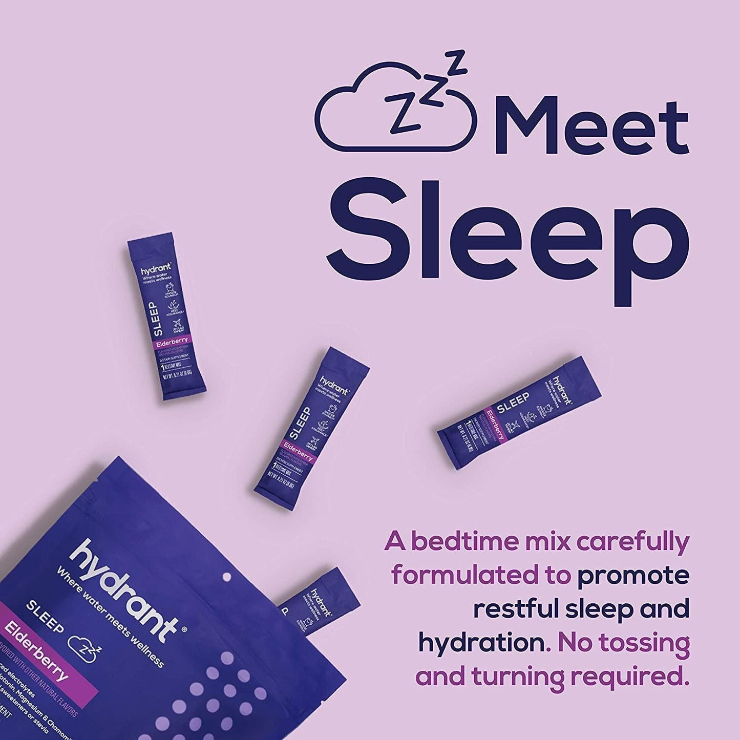 Hydrant Sleep Hydration Powder Rest and Recovery Drink Mix Fast-Acting Blend of Melatonin, L-Theanine, GABA, Magnesium and Chamomile Electrolyte Powder (Elderberry, 10 Pack)