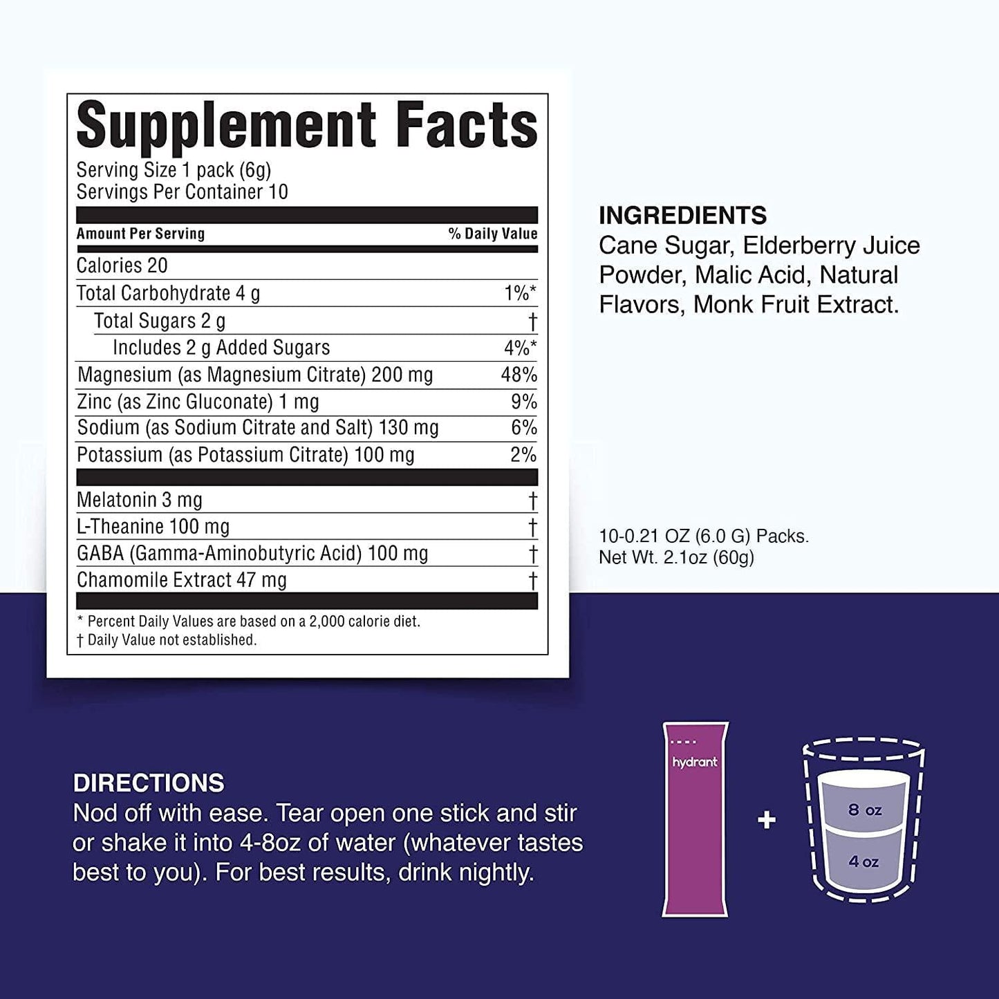 Hydrant Sleep Hydration Powder Rest and Recovery Drink Mix Fast-Acting Blend of Melatonin, L-Theanine, GABA, Magnesium and Chamomile Electrolyte Powder (Elderberry, 10 Pack)