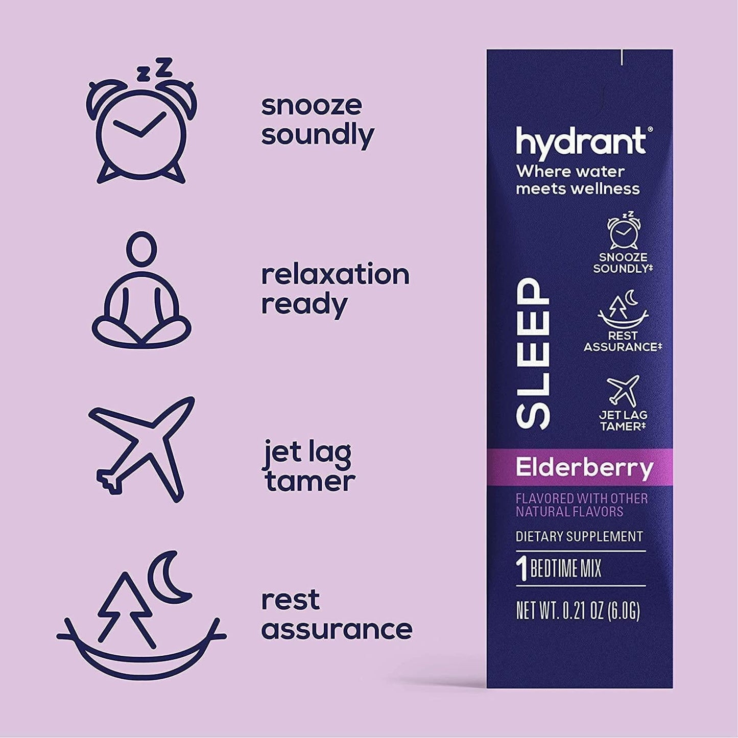 Hydrant Sleep Hydration Powder Rest and Recovery Drink Mix Fast-Acting Blend of Melatonin, L-Theanine, GABA, Magnesium and Chamomile Electrolyte Powder (Elderberry, 10 Pack)