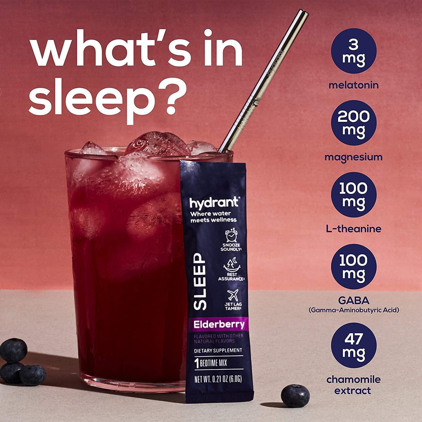 Hydrant Sleep Hydration Powder Rest and Recovery Drink Mix Fast-Acting Blend of Melatonin, L-Theanine, GABA, Magnesium and Chamomile Electrolyte Powder (Elderberry, 10 Pack)