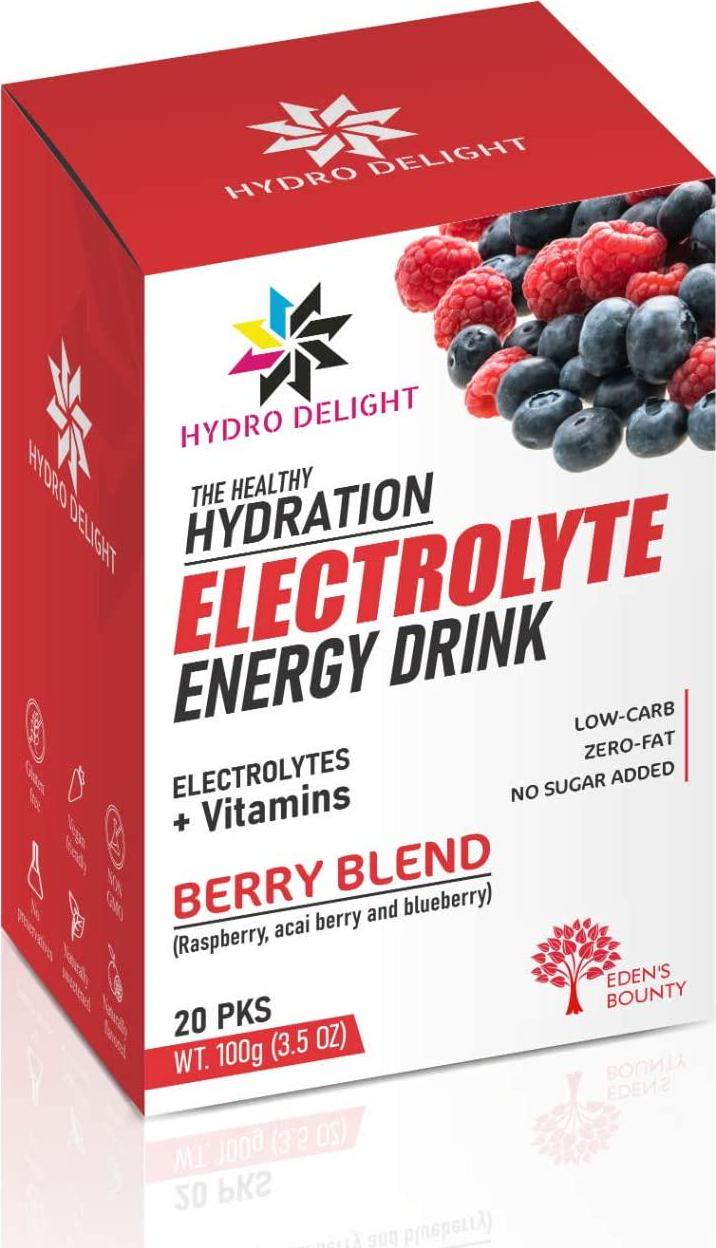Hydro Delight Electrolyte Energy Powder Packets | Natural Berry Blend | No Sugar Added Healthy Hydration | Enhanced with Potassium, Magnesium and Essential Vitamins | 20 Packets