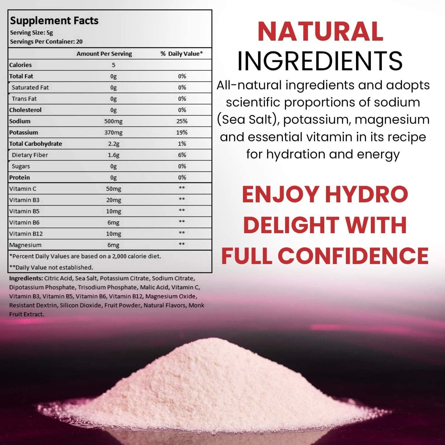 Hydro Delight Electrolyte Energy Powder Packets | Natural Berry Blend | No Sugar Added Healthy Hydration | Enhanced with Potassium, Magnesium and Essential Vitamins | 20 Packets