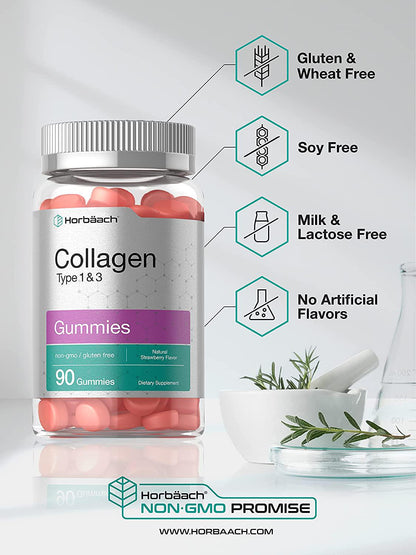 Hydrolyzed Collagen Gummies | 180 Count | Strawberry Flavored Gummy Supplement | Type 1 and 3 | Non-GMO, Gluten Free | by Horbaach