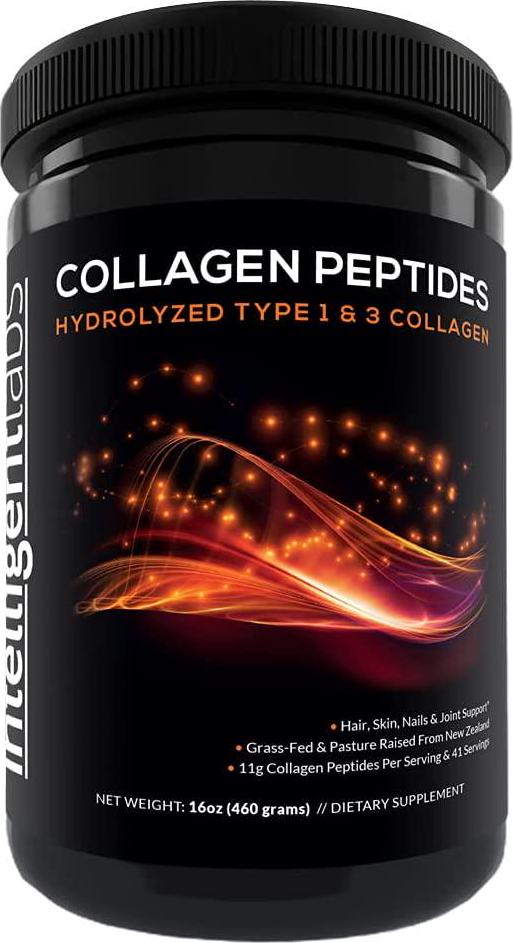 Hydrolyzed Type 1 and 3 Collagen Peptides Powder by Intelligent Labs, 100% Cruelty-Free and Grass-Fed Bovine, Supports Healthy Hair, Skin, Nails and Joints, 11g per Serving, 41 Servings a Bottle