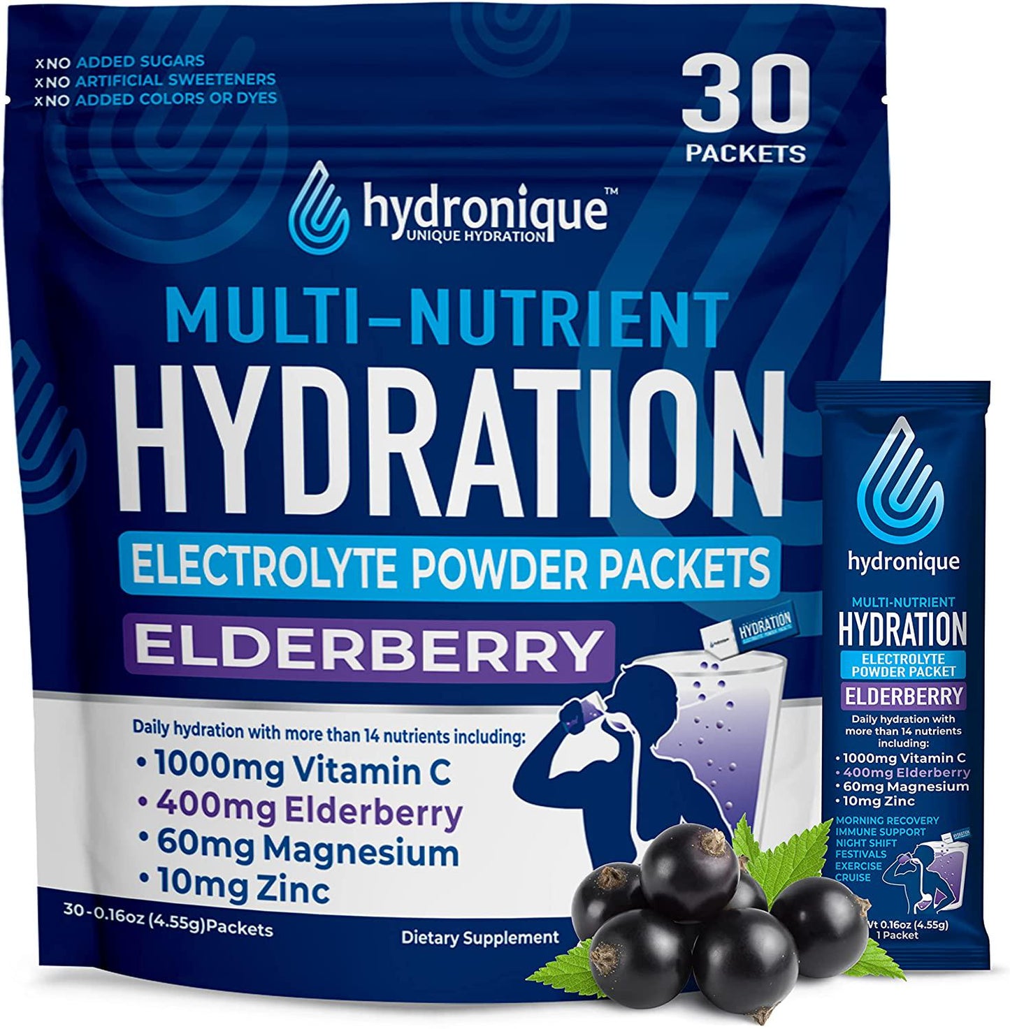Hydronique Hydration Packets Sugar Free | Low Sodium Electrolytes Powder | Travel, Rehydration, Immunity | Vitamins, Minerals, Antioxidants | Elderberry Flavor (30 Packs)