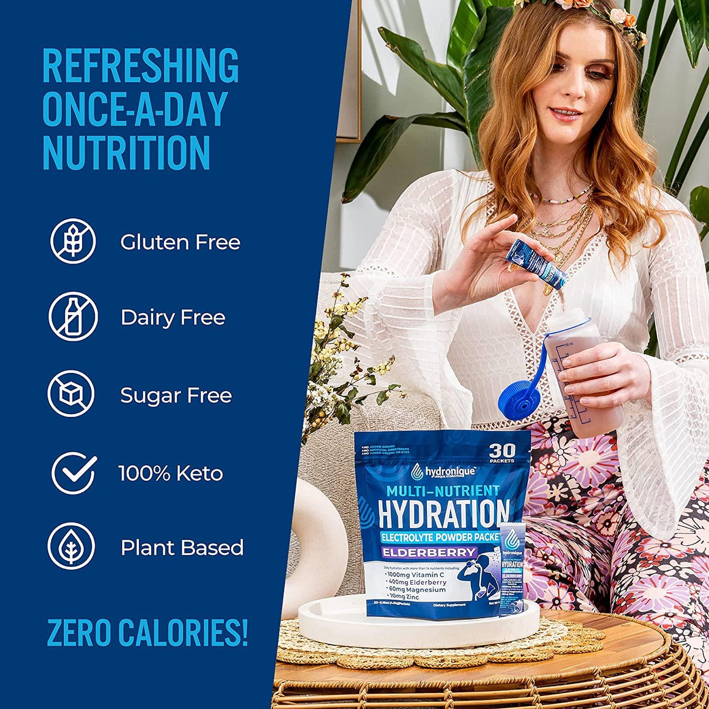 Hydronique Hydration Packets Sugar Free | Low Sodium Electrolytes Powder | Travel, Rehydration, Immunity | Vitamins, Minerals, Antioxidants | Elderberry Flavor (30 Packs)