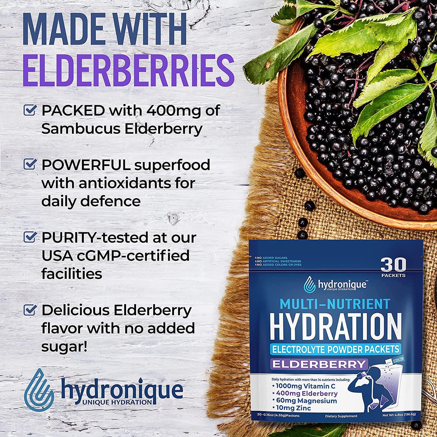 Hydronique Hydration Packets Sugar Free | Low Sodium Electrolytes Powder | Travel, Rehydration, Immunity | Vitamins, Minerals, Antioxidants | Elderberry Flavor (30 Packs)