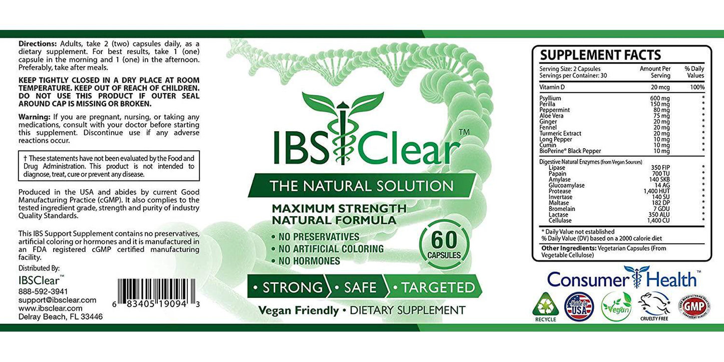IBS Clear - 100% Natural IBS Relief with Vitamin D, Psyllium Husk, Fennel. 60 Vegan Friendly Capsules - 1 Bottle
