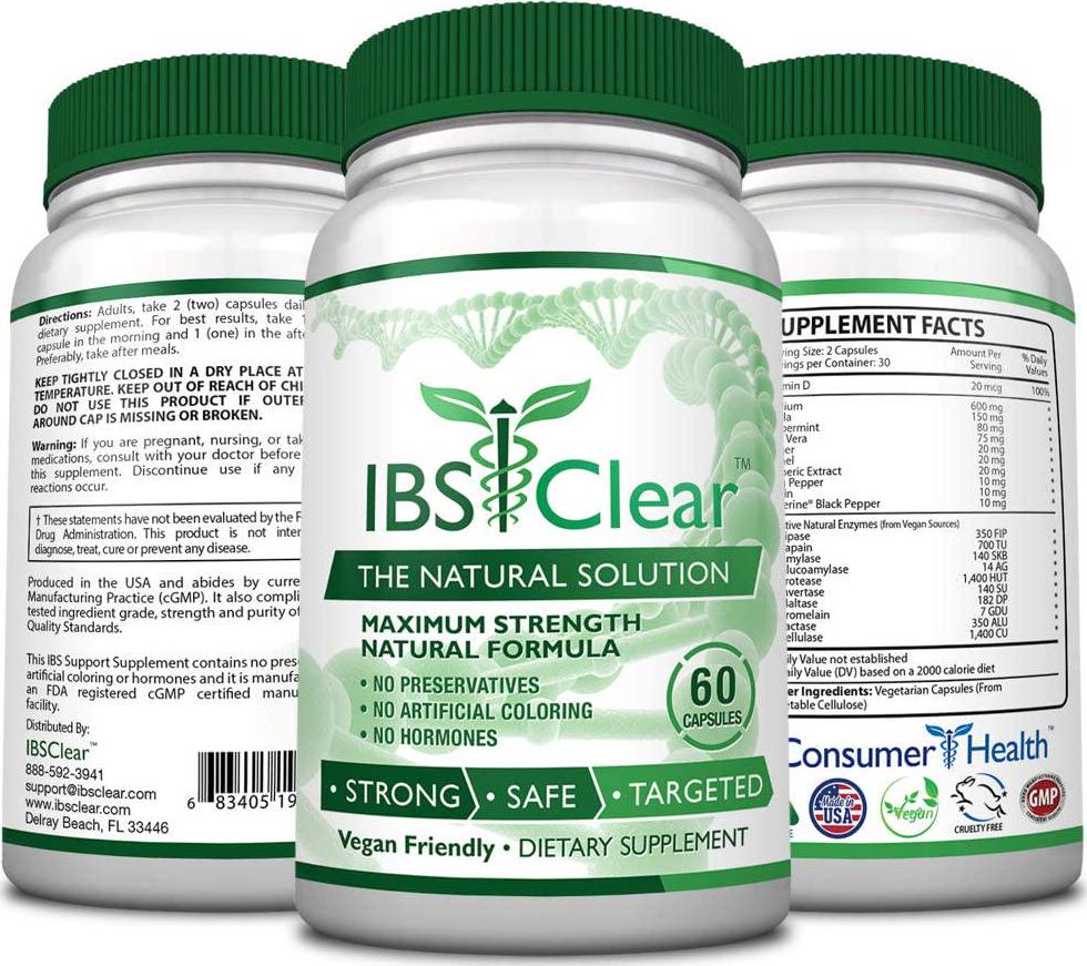 IBS Clear - 100% Natural IBS Relief with Vitamin D, Psyllium Husk, Fennel. 60 Vegan Friendly Capsules - 1 Bottle