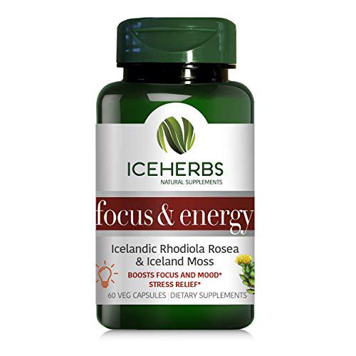 ICEHERBS Focus and Energy Pure Icelandic Rhodiola Rosea and Iceland Moss Supplement / 60 Vegan Capsules Boosts Focus and Mood, Stress Relief Improves Energy - Powerful and Natural Blend