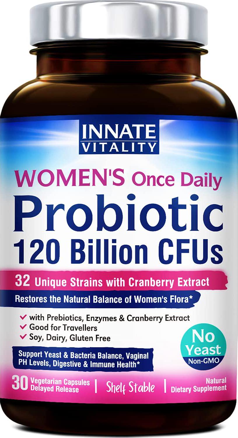 INNATE Vitality Women's Once-Daily Probiotics, 120 Billion CFU, 32 Tested Strains, Yeast Control+Vaginal PH Support, Gut+Immunity, Prebiotics, Digestive Enzymes and Organic Cranberry