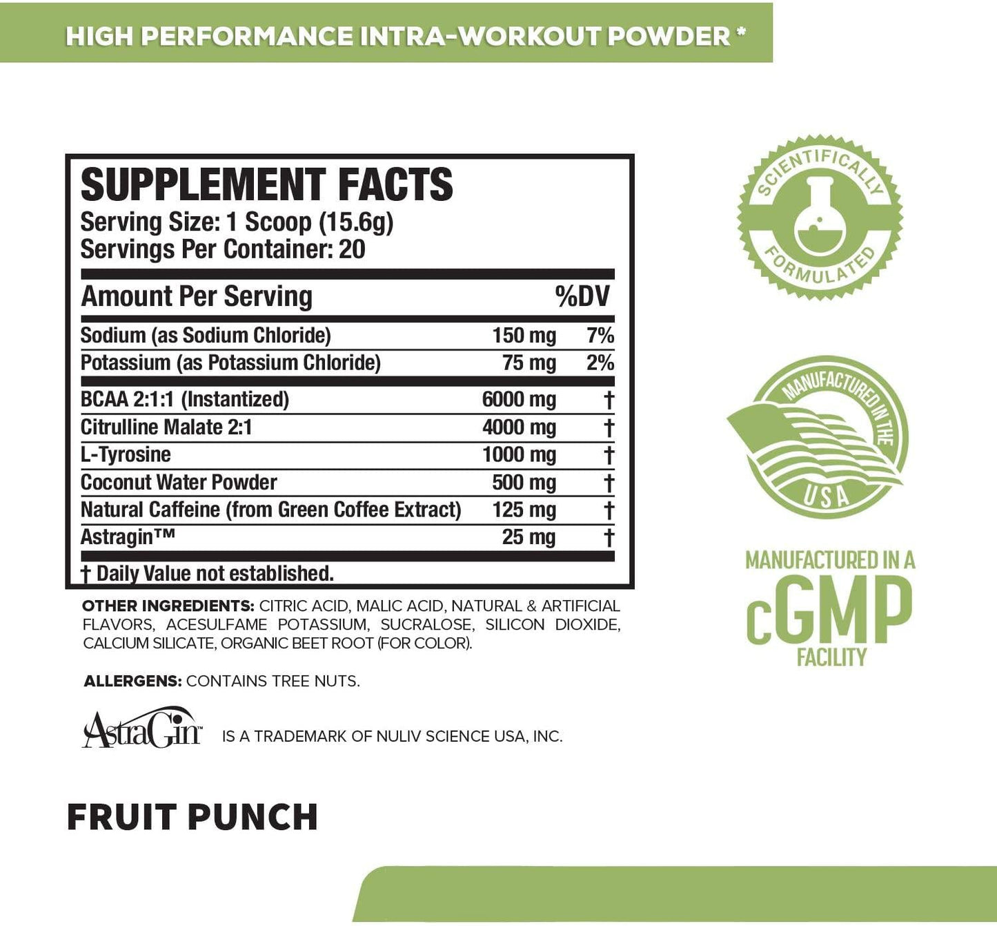 INTRASURGE Intra Workout Energy BCAA Powder - Fermented BCAA Amino Acids, Natural Caffeine, L-Citrulline, and More for Muscle Building, Strength, Pumps, Endurance, Recovery - Fruit Punch, 20sv