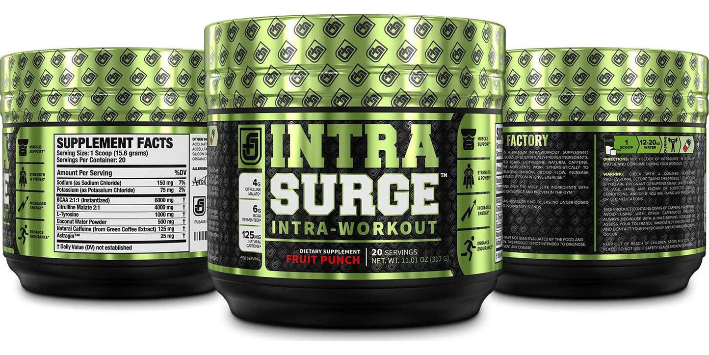 INTRASURGE Intra Workout Energy BCAA Powder - Fermented BCAA Amino Acids, Natural Caffeine, L-Citrulline, and More for Muscle Building, Strength, Pumps, Endurance, Recovery - Fruit Punch, 20sv