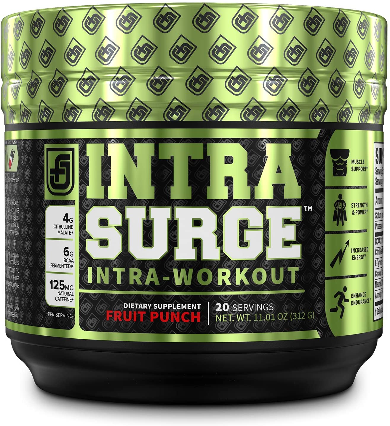 INTRASURGE Intra Workout Energy BCAA Powder - Fermented BCAA Amino Acids, Natural Caffeine, L-Citrulline, and More for Muscle Building, Strength, Pumps, Endurance, Recovery - Fruit Punch, 20sv