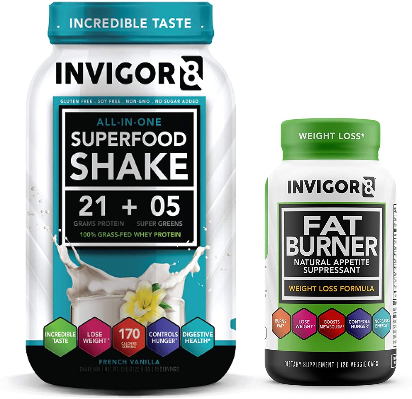 INVIGOR8 Superfood Shake (French Vanilla) and Fat Burner Bundle. Gluten-Free and Non GMO Meal Replacement Shake and Healthy Garcinia Weight Loss Supplement/Appetite Suppressant.